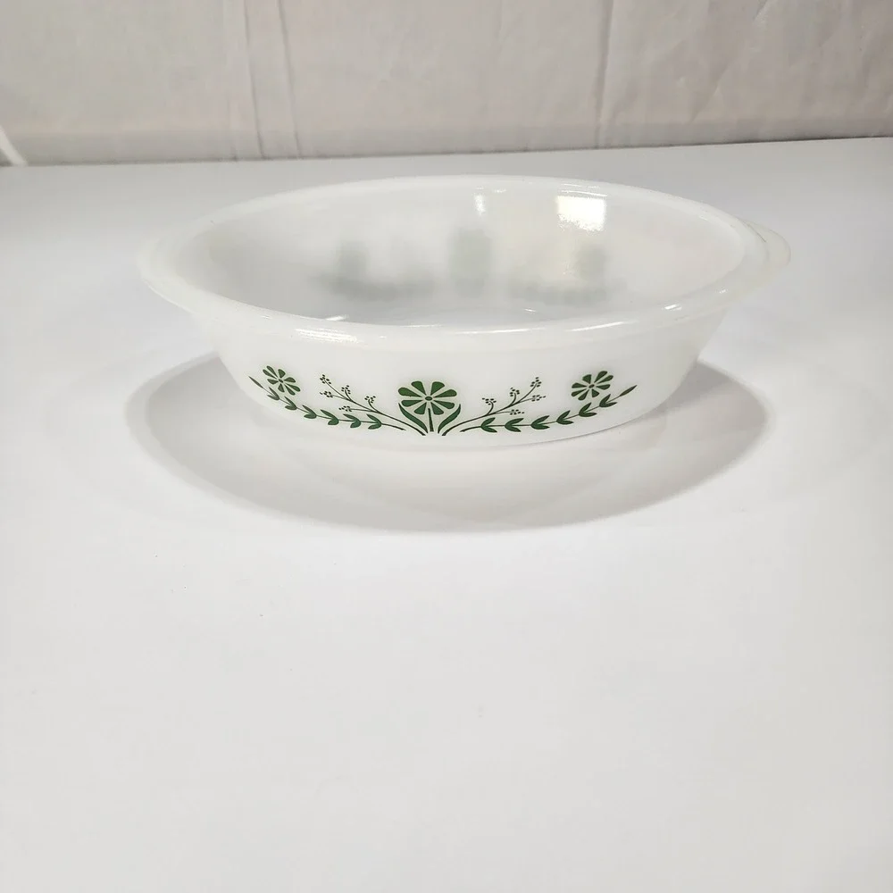 Vintage Glasbake Milk Glass Oval Casserole Dish Green Daisy Floral J-535 USA